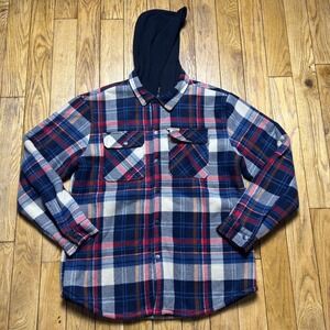Matix Mens Hooded Flannel Shirt Jacket Sherpa Lined Plaid Navy Blue Red Large